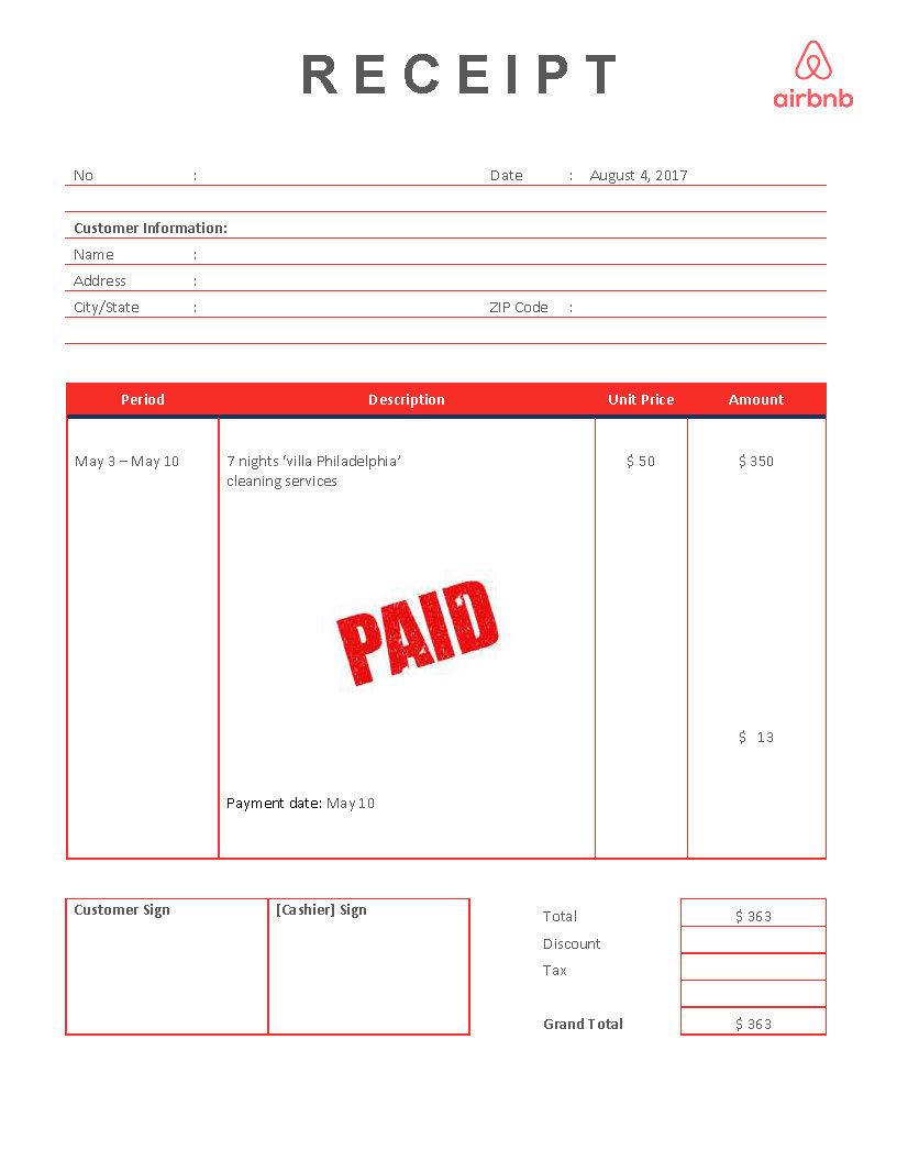 AIRBNB Receipt Template Templates at