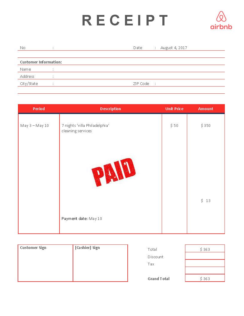 airbnb receipt template voorbeeld afbeelding 