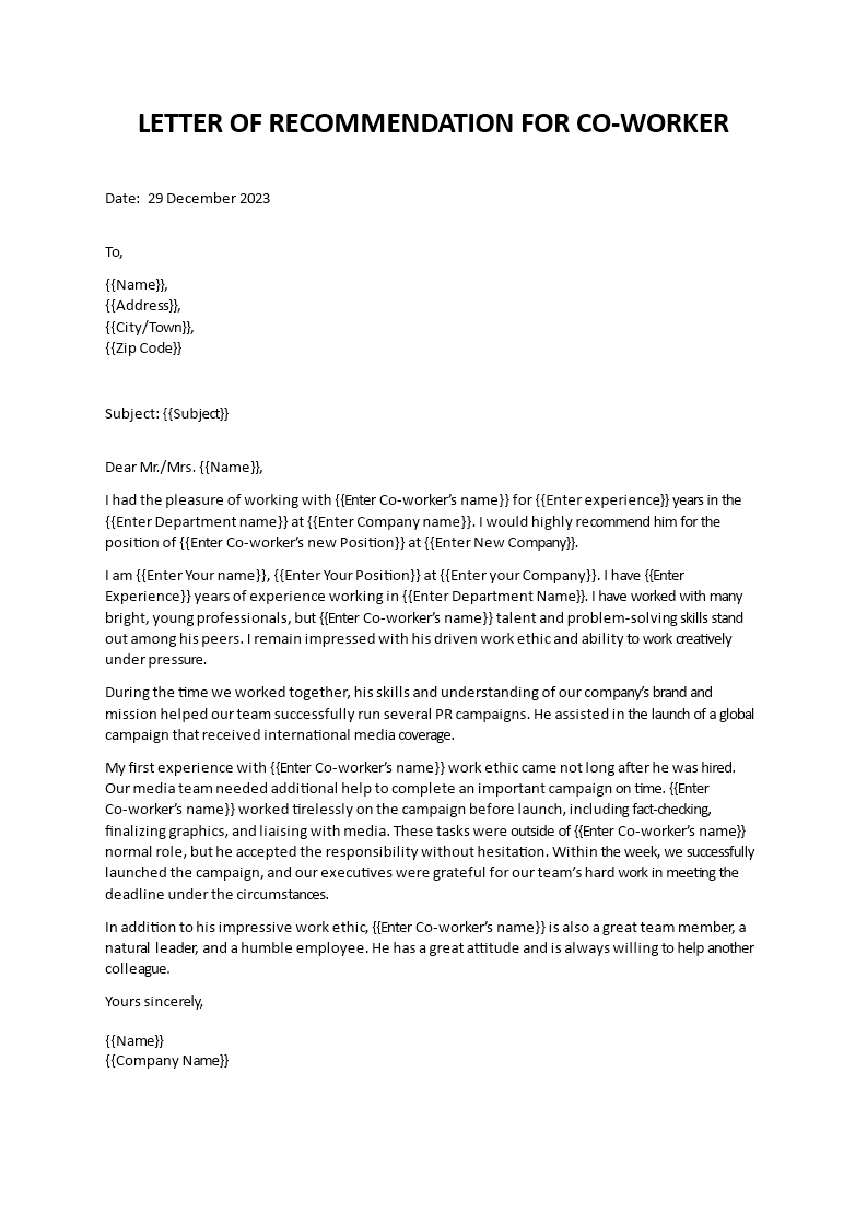 letter of recommendation co-worker template