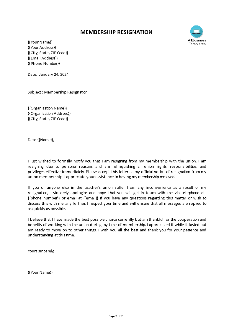 membership resignation letter format template