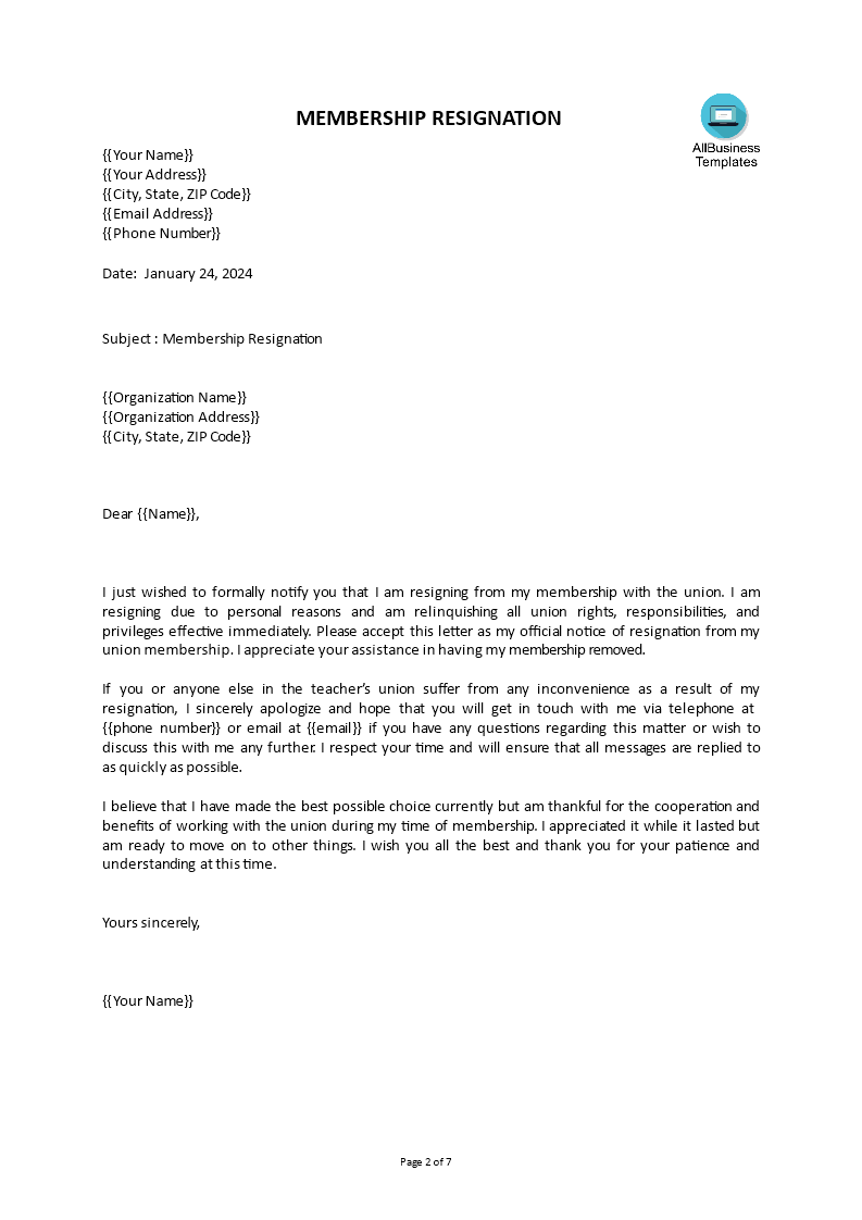 membership resignation letter format modèles