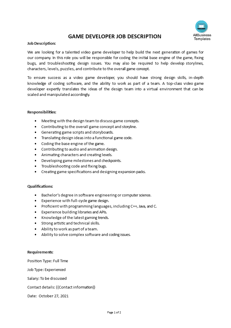 Game Developer Job Description 模板