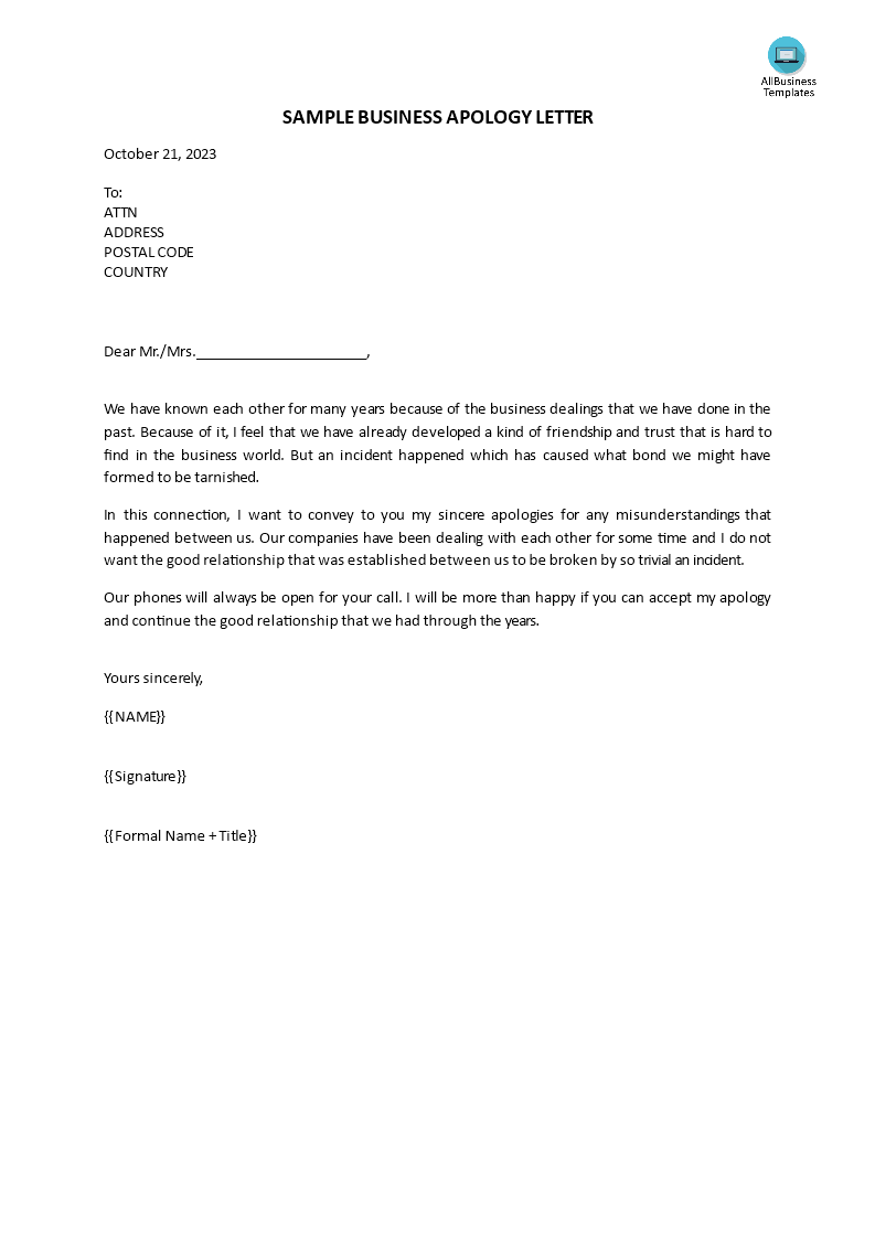 sample business apology letter template