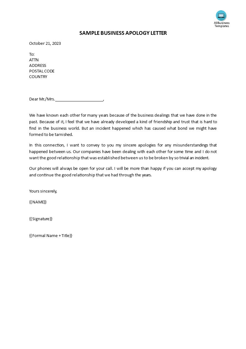 sample business apology letter Hauptschablonenbild