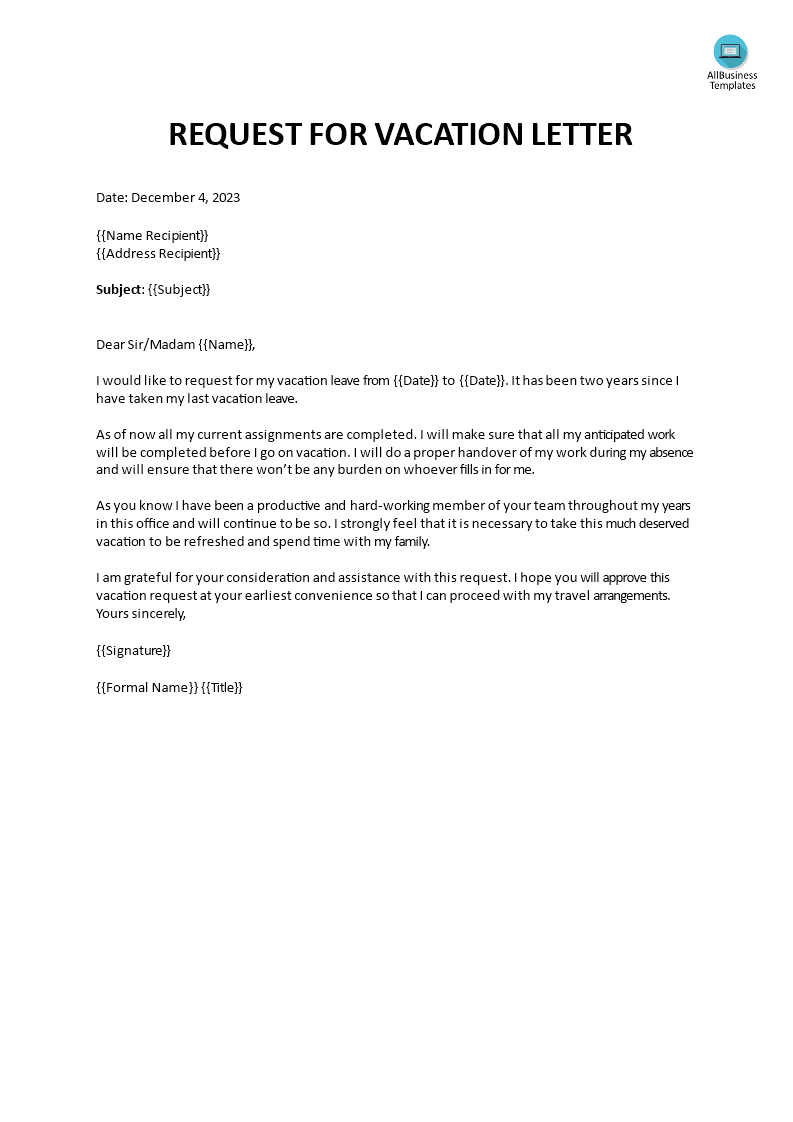 request for vacation letter template