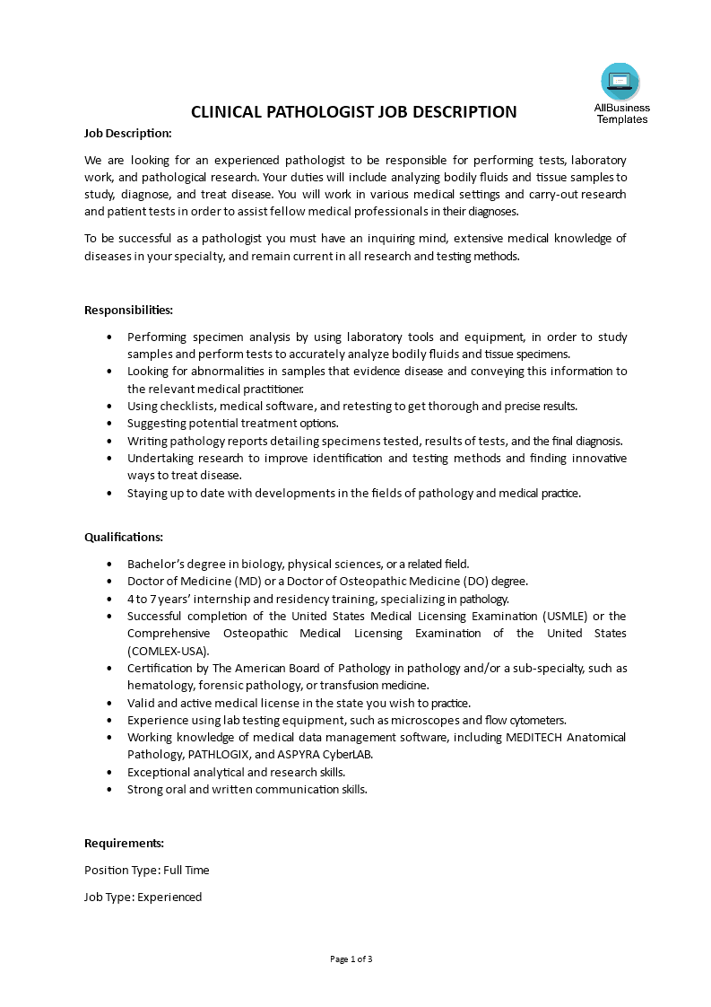 clinical pathologist job description template