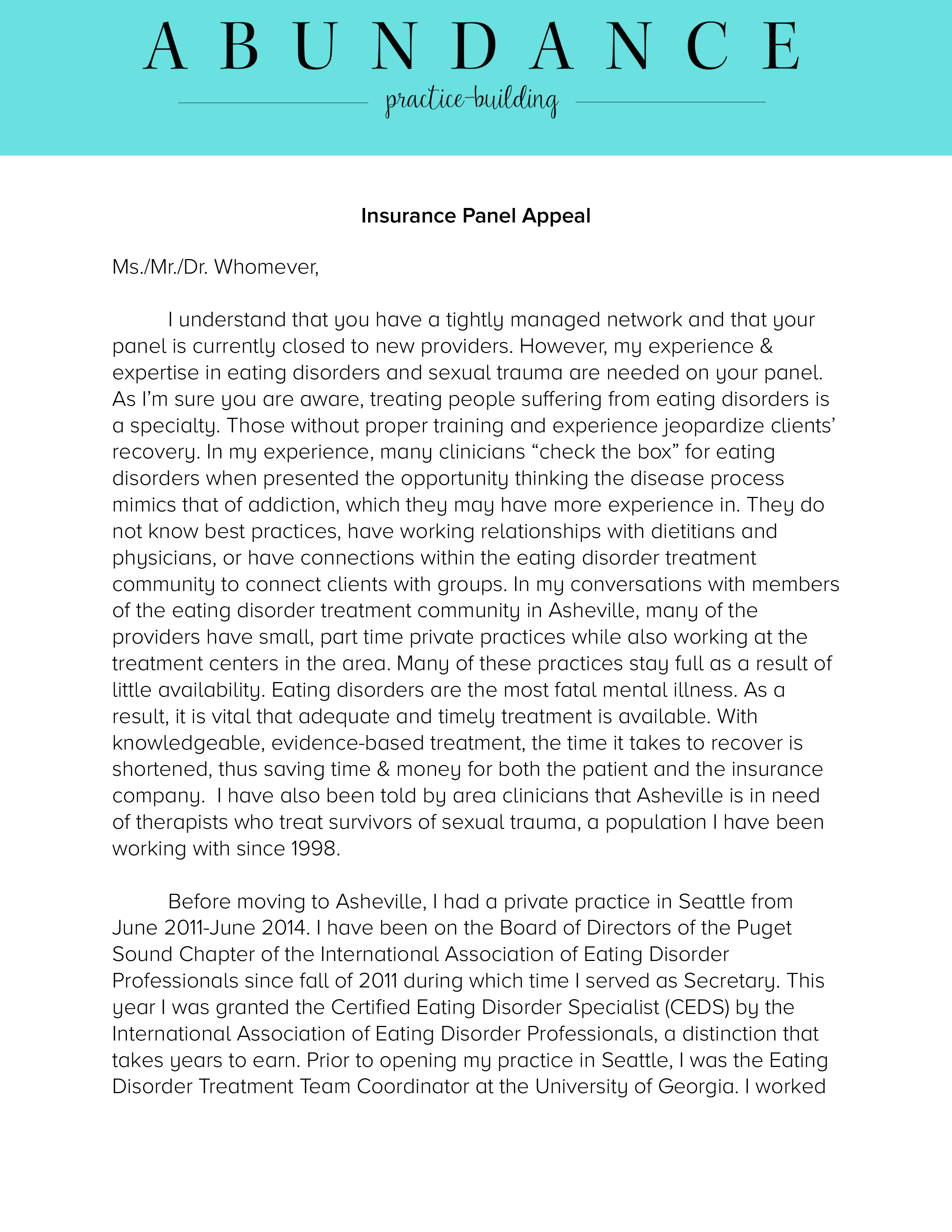 insurance panel appeal letter template