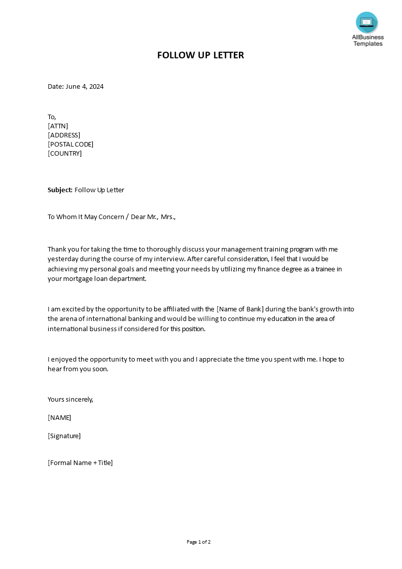 sample follow up letter template