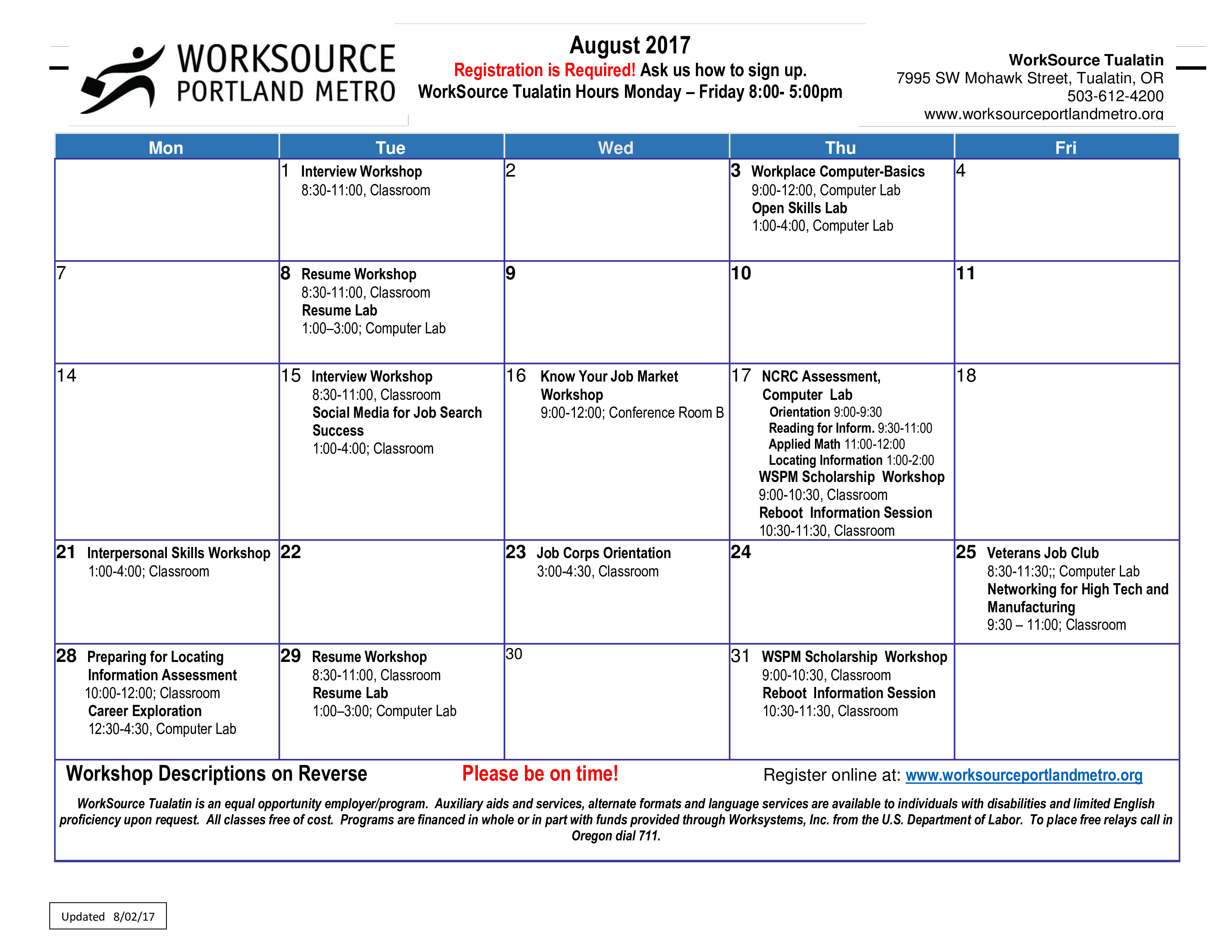 workshop calendar example template