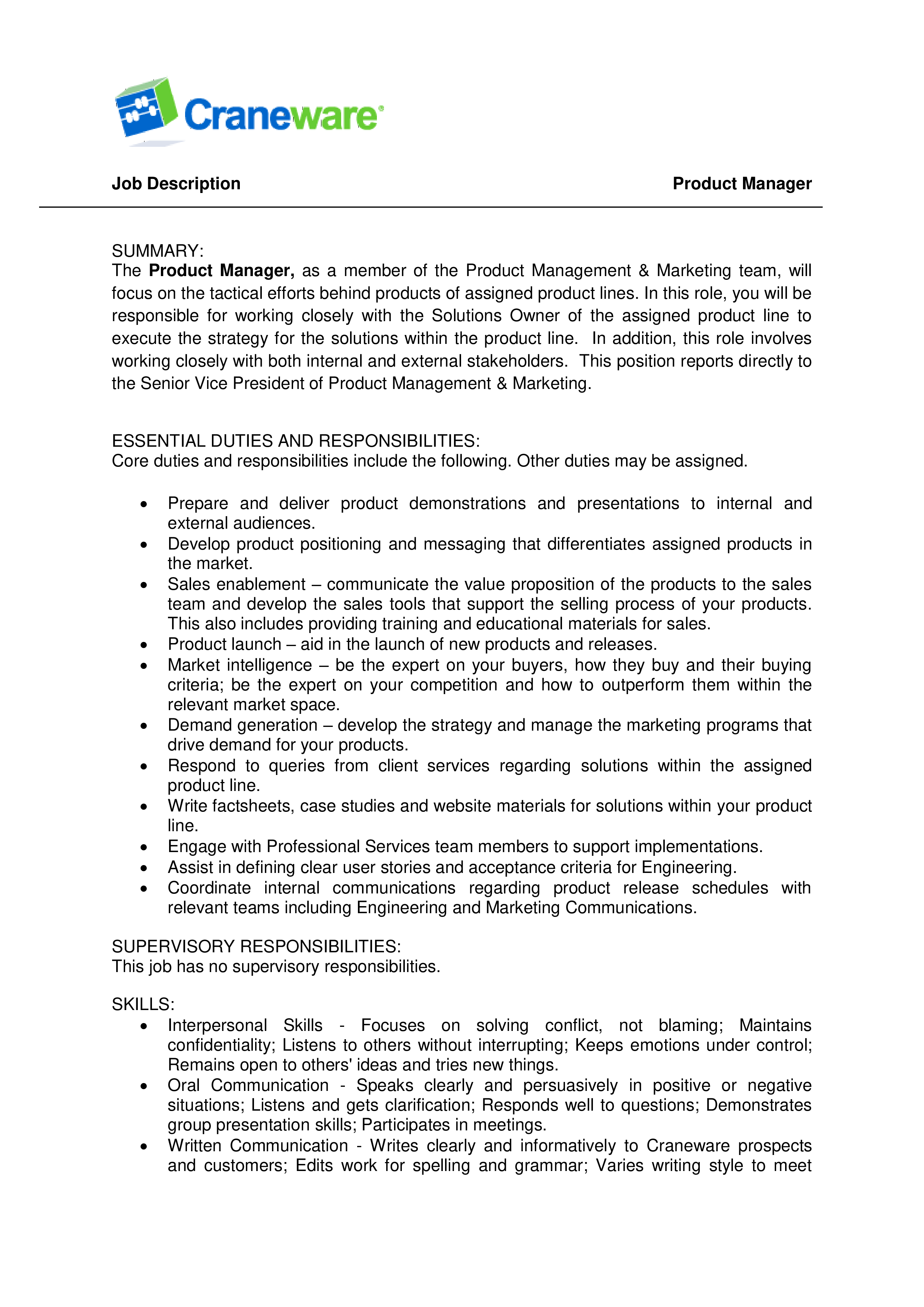  Product Manager Job Description Template Templates At 