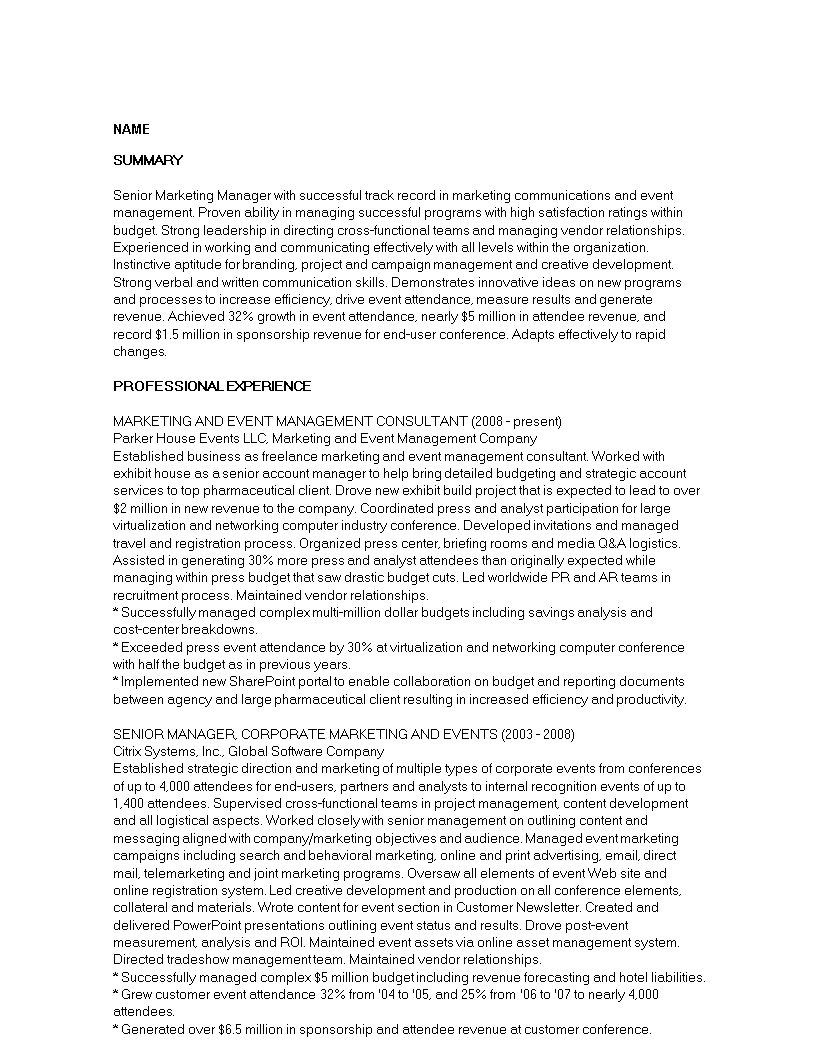 event marketing manager resume template