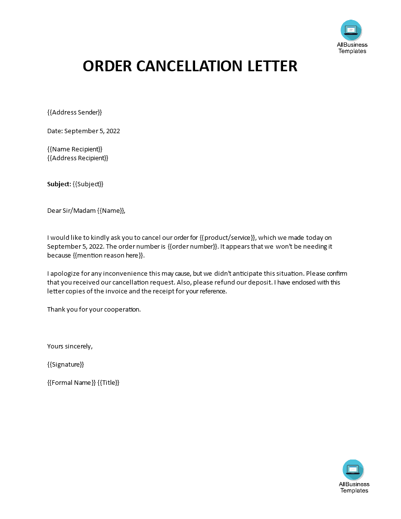 Cancel Order Letter 模板