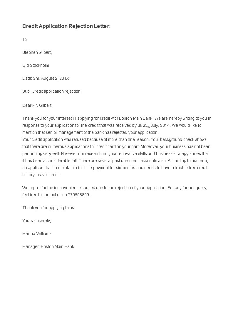 credit application rejection letter Hauptschablonenbild
