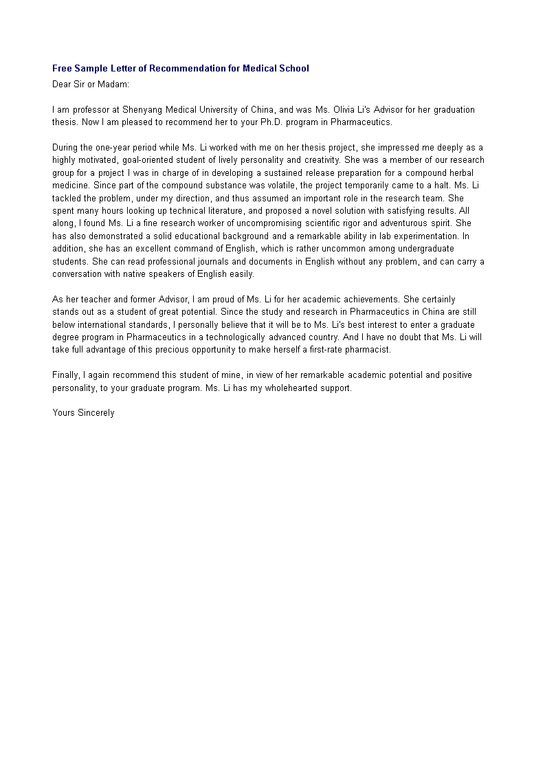 recommendation letter from professor for medical school plantilla imagen principal