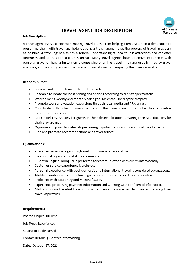 travel agent job description template