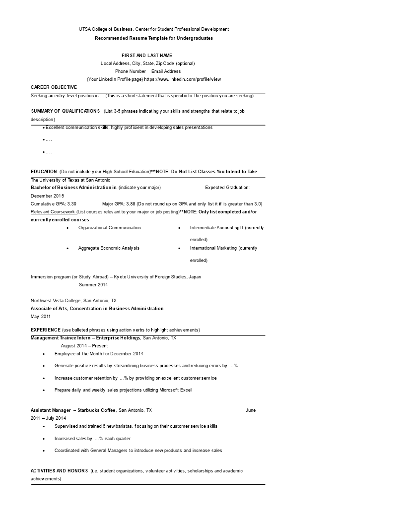 Kostenloses Resume BBA Graduate Sample