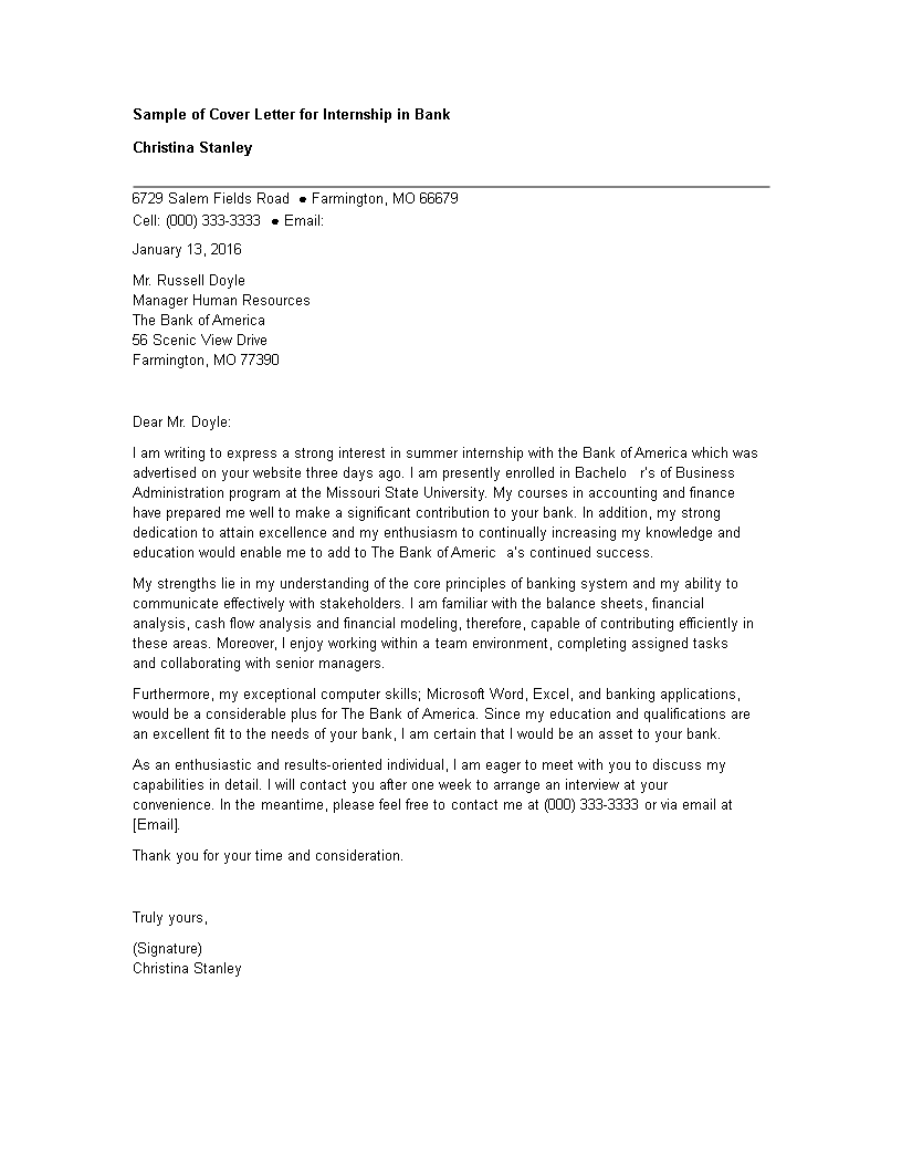 banking internship cover letter template