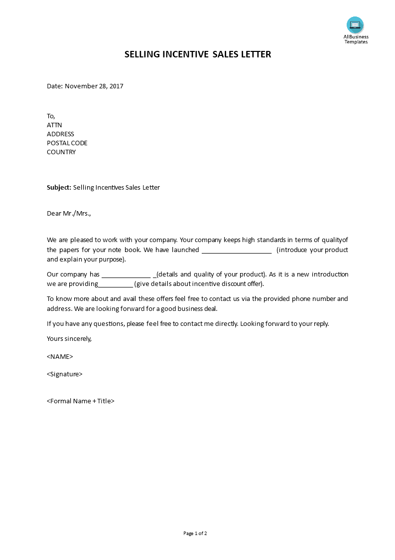 selling incentive sales letter template