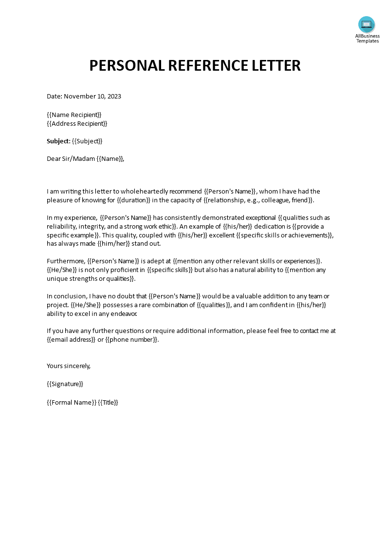 personal reference letter format template