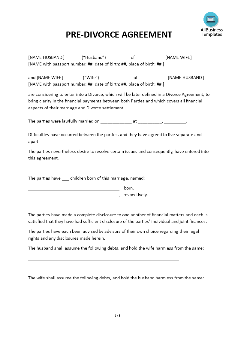 Pre-Divorce Agreement  Templates at allbusinesstemplates.com