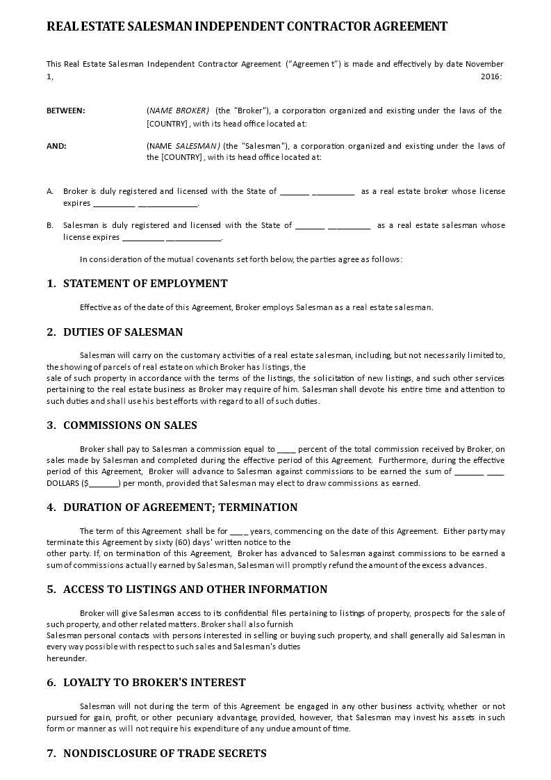 Real Estate Salesman Independent Contractor Agreement main image