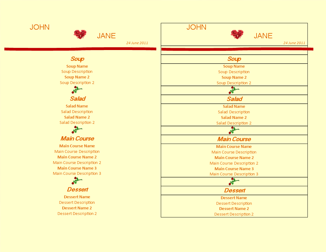 wedding party menu template template