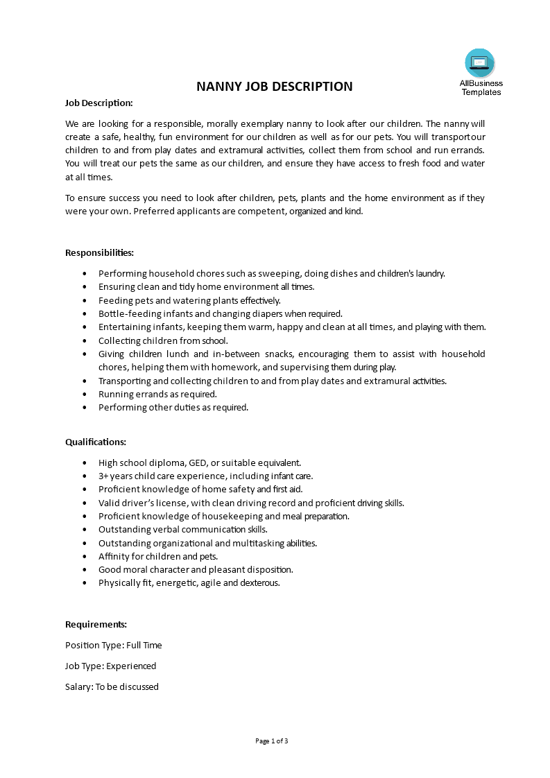 nanny job description template