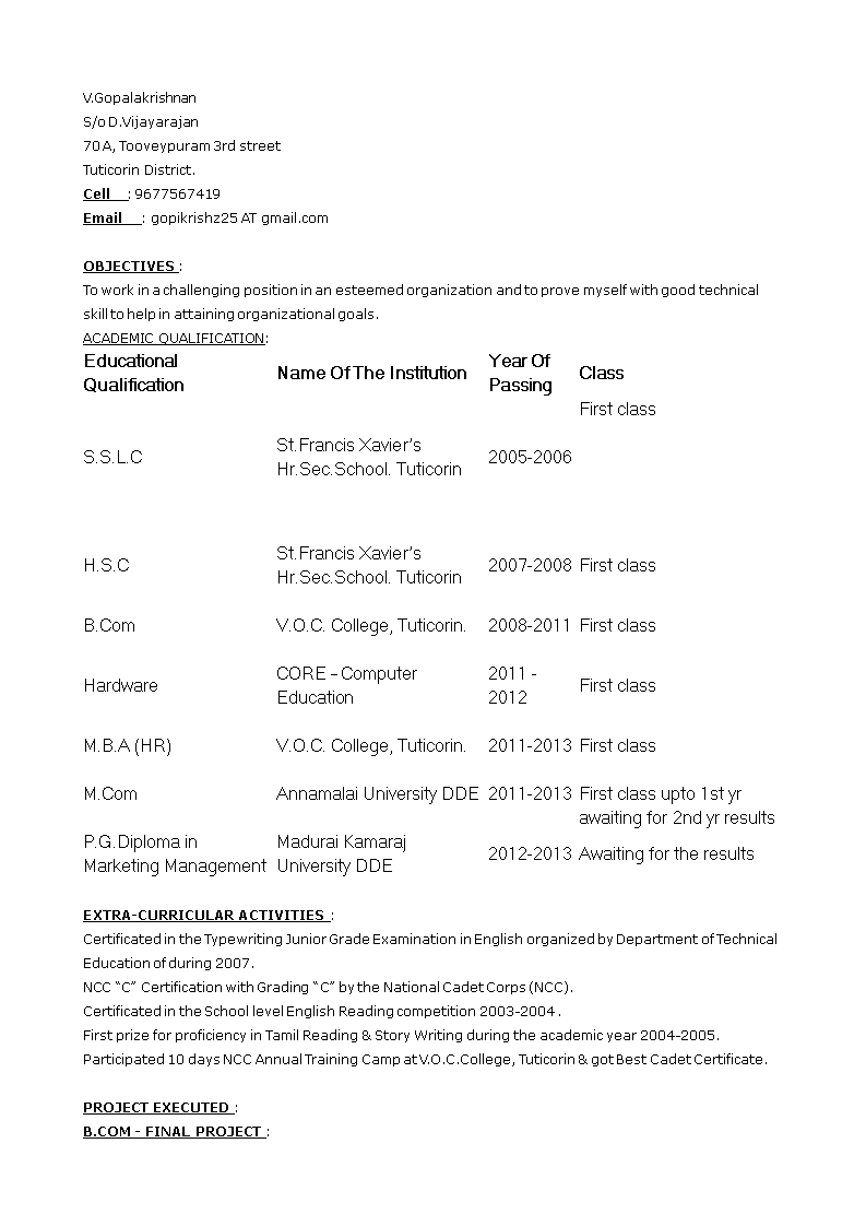 mba fresher lecturer resume modèles