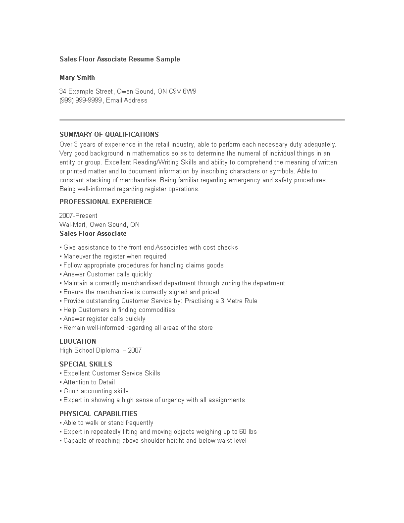 sales floor associate resume template