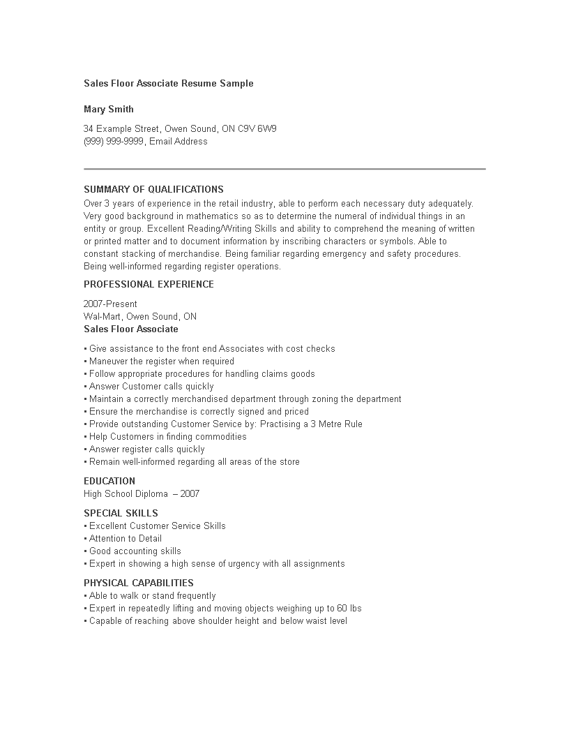 sales floor associate resume modèles