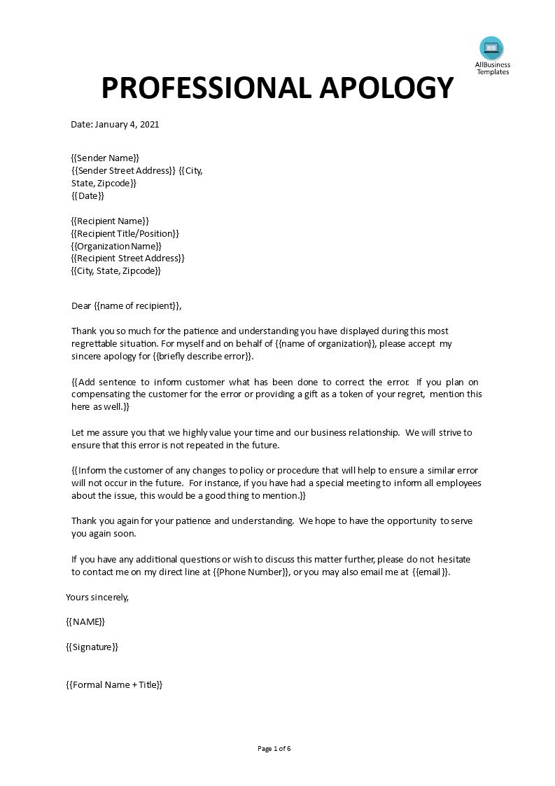 professional business apology letter Hauptschablonenbild