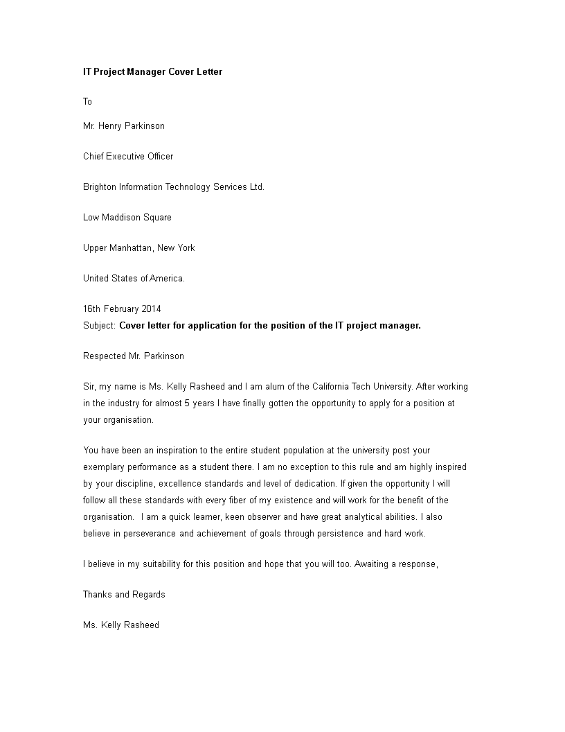 it project manager cover letter template