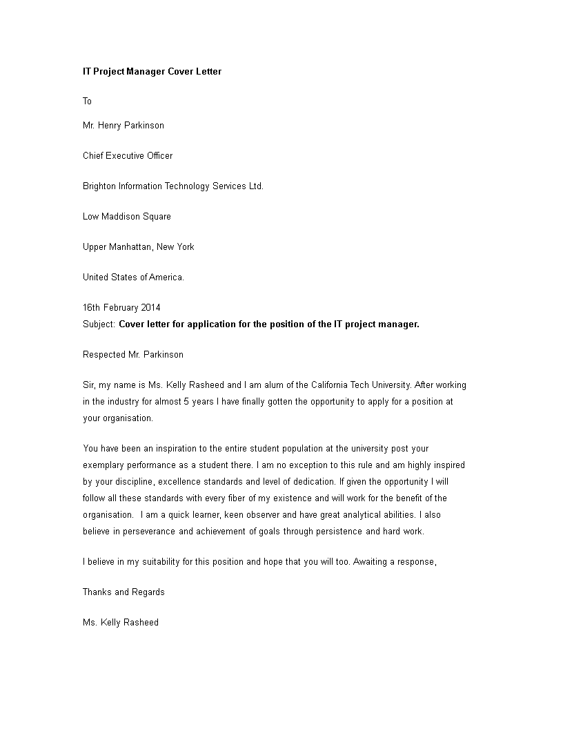 it project manager cover letter modèles