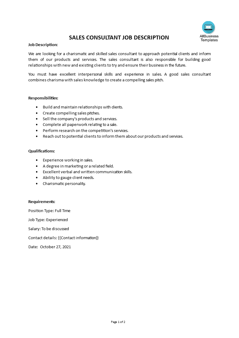 retail sales consultant job description template