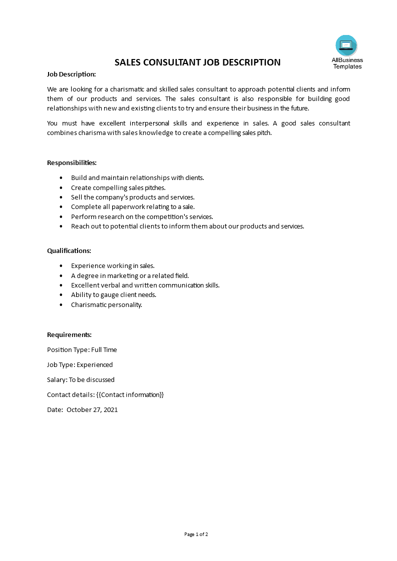 Retail Sales Consultant Job Description main image