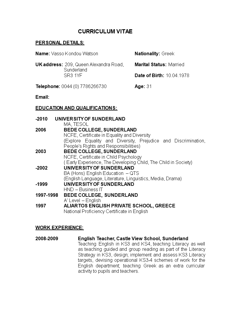 Kostenloses Resume For Teacher Job Application