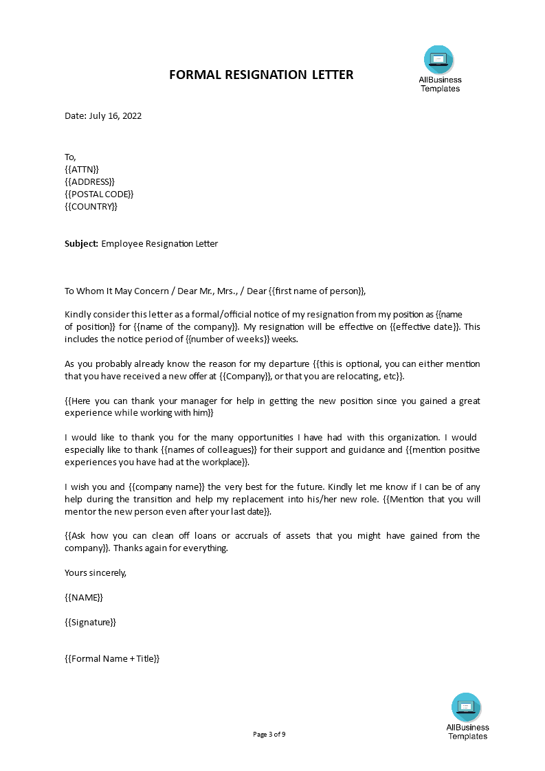 professional resignation letter Hauptschablonenbild