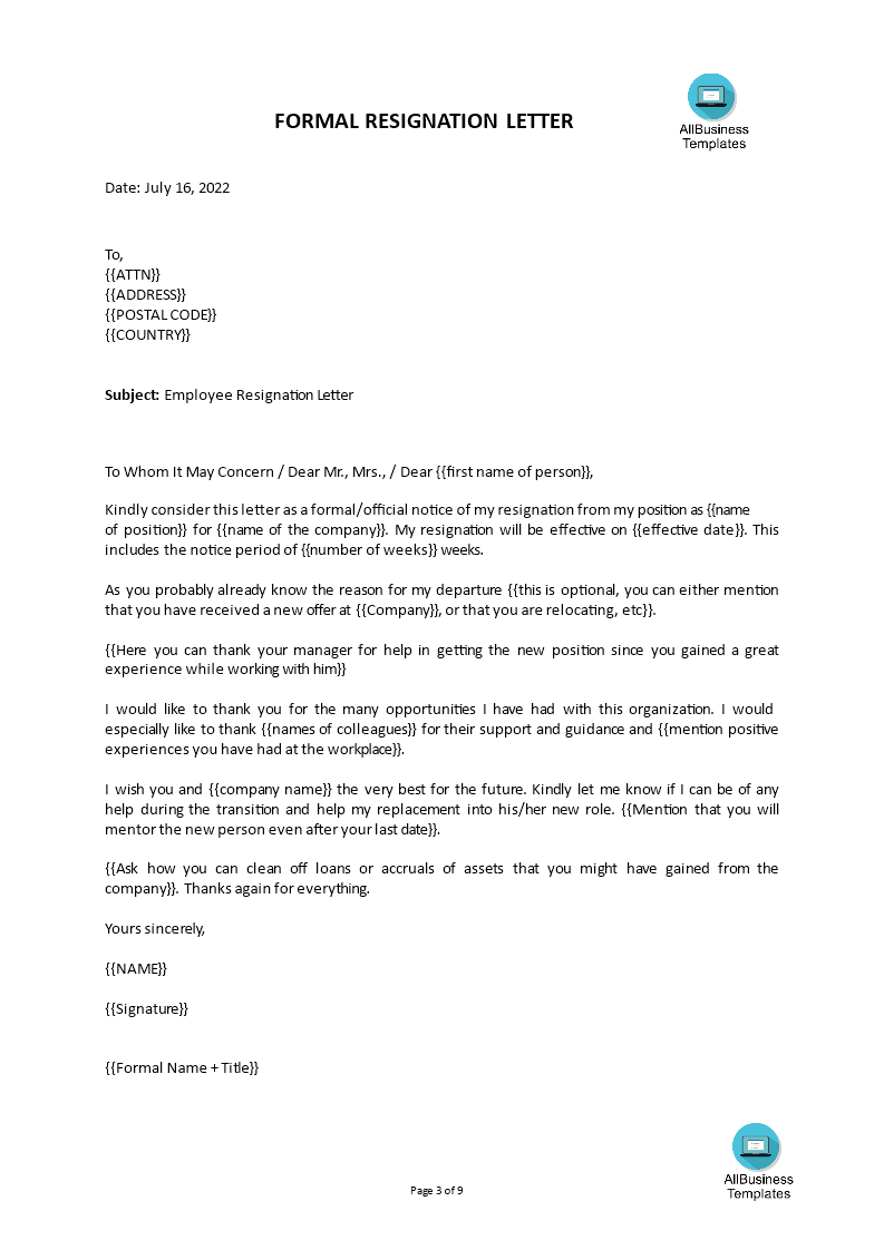 professional resignation letter template