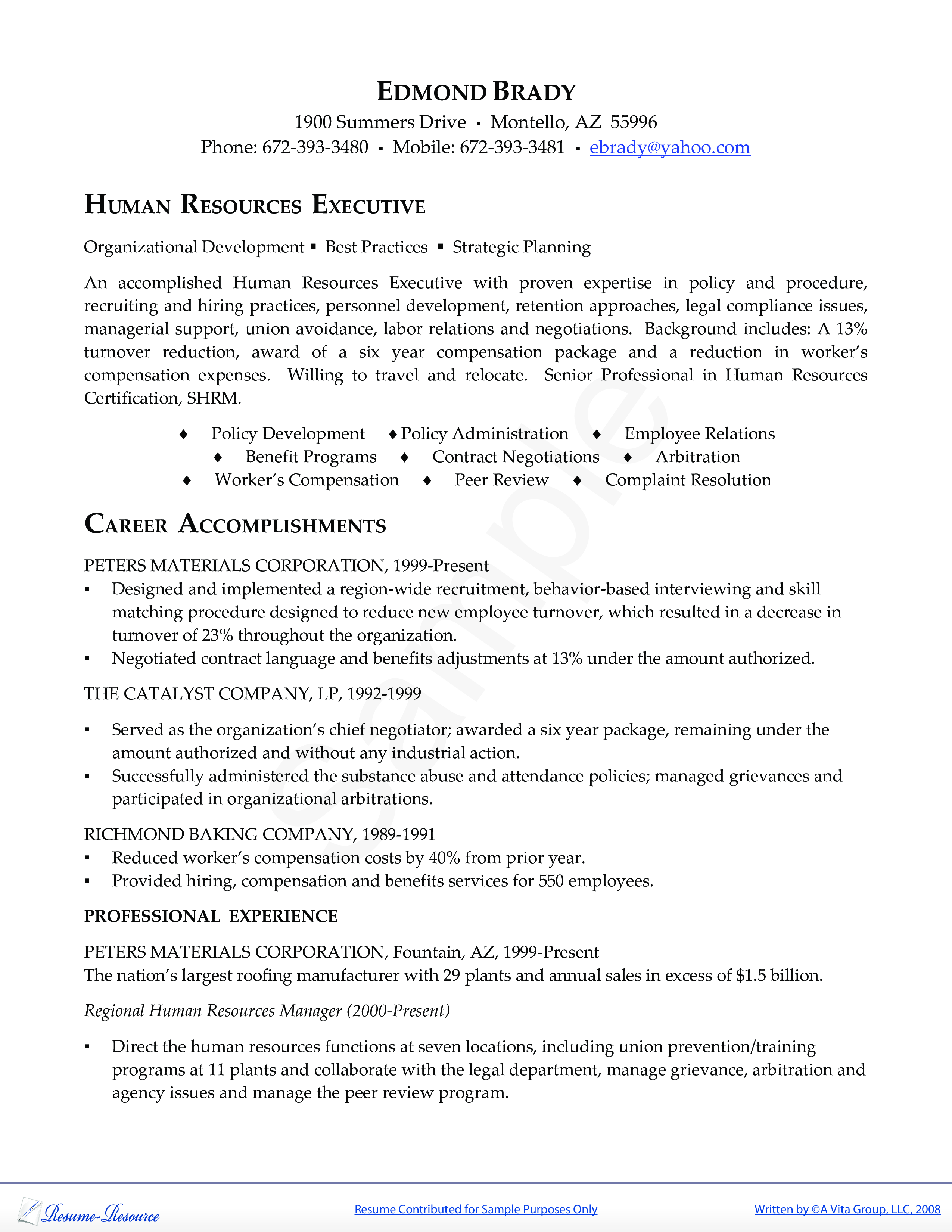 summary for resume for human resources position