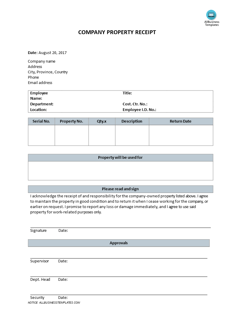 company property receipt template