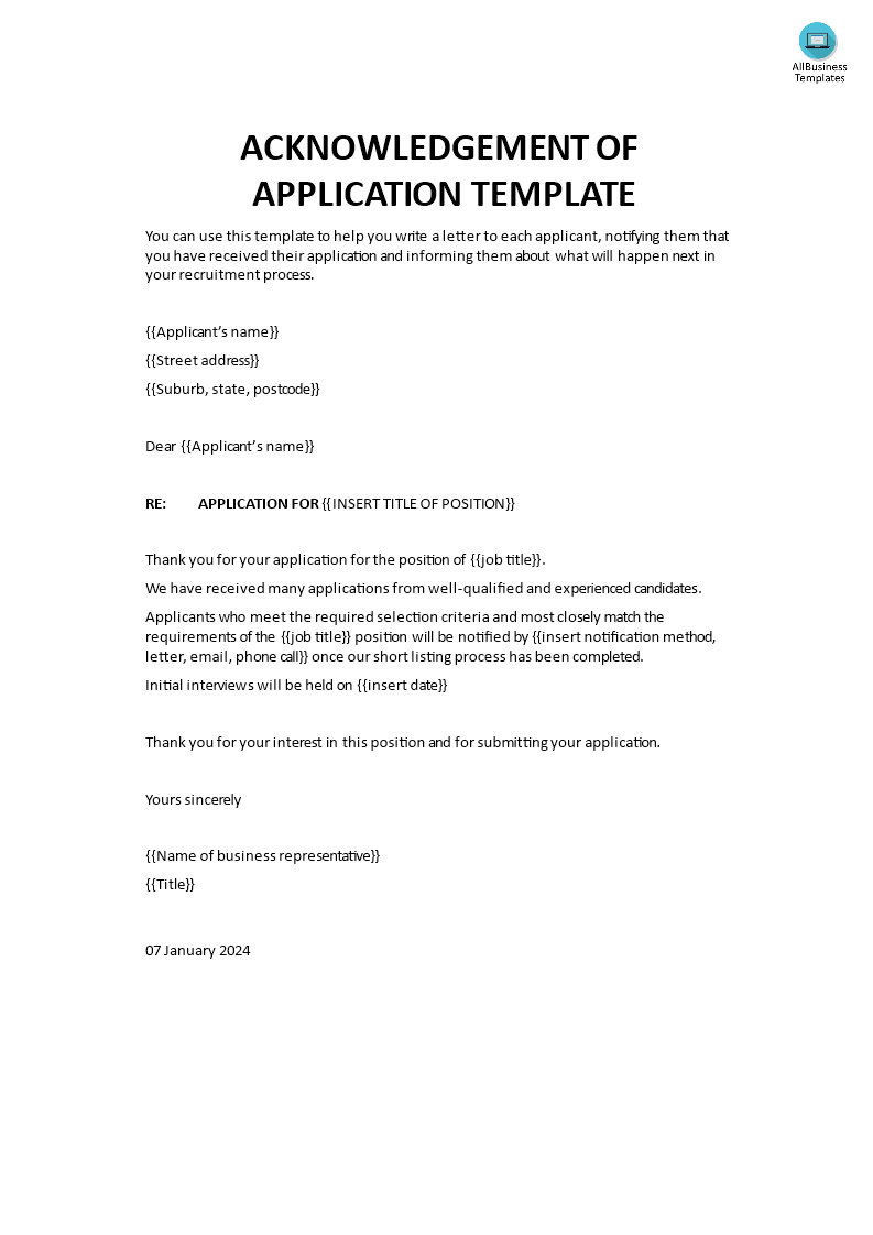 acknowledgment of application template