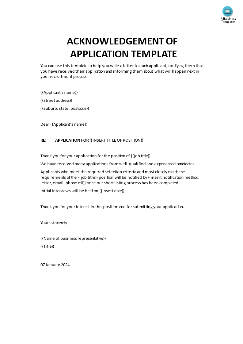 acknowledgment of application voorbeeld afbeelding 