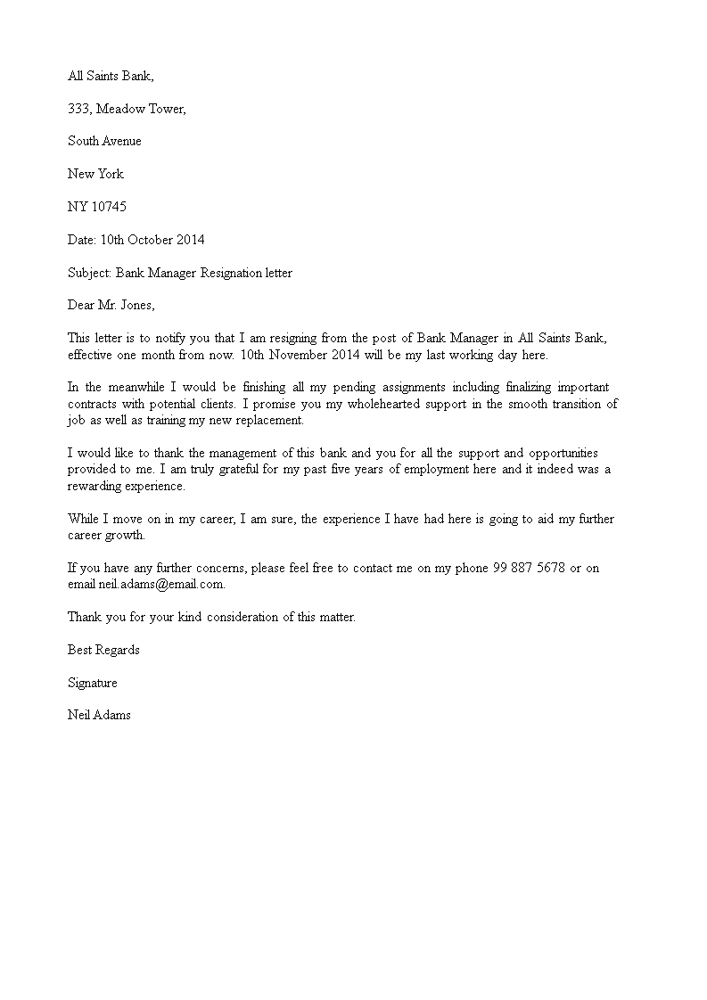 Official Bank Manager Resignation Letter main image