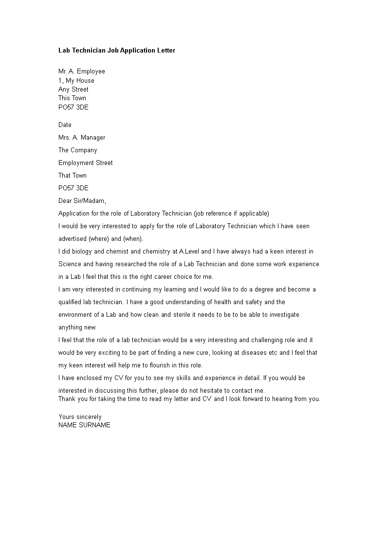 lab technician job application letter template