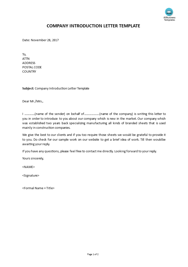 company introduction letter template voorbeeld afbeelding 