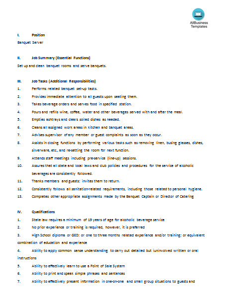 banquet server job description word template