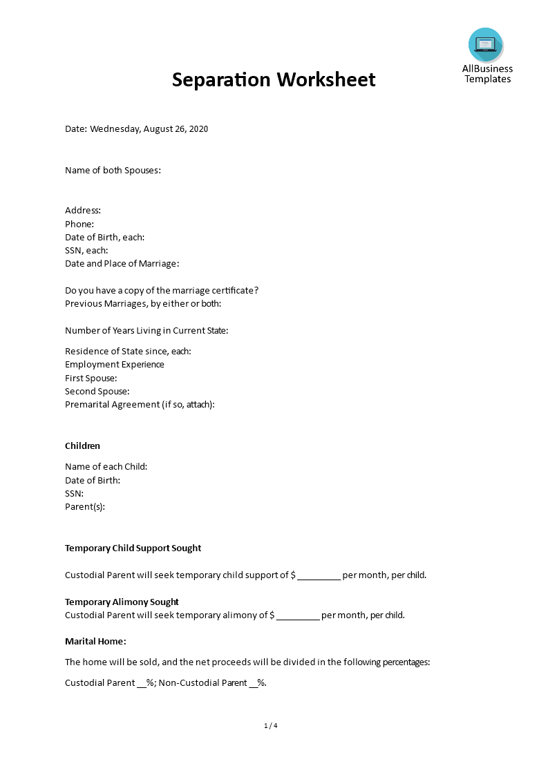 separation worksheet modèles