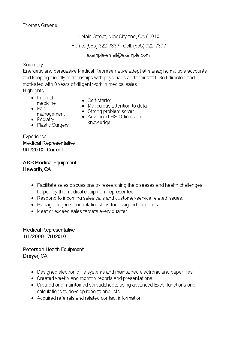 medical sales representative resume template