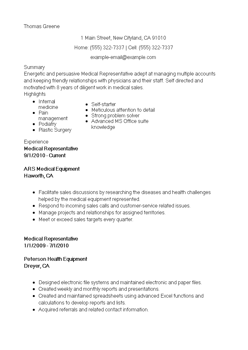 Medical Sales Representative Resume 模板