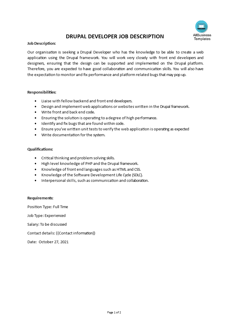 drupal developer job description voorbeeld afbeelding 